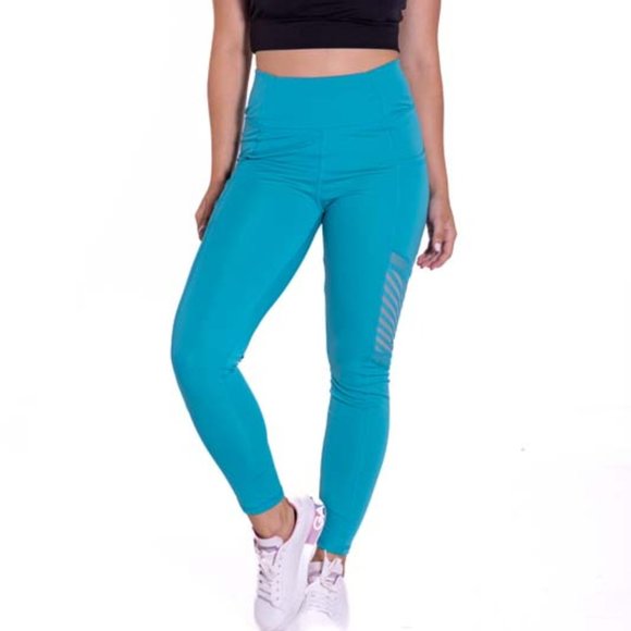 High-Waisted & Mash Panel Gym and Yoga Leggings with Side Pockets Turquoise - Picture 1 of 7